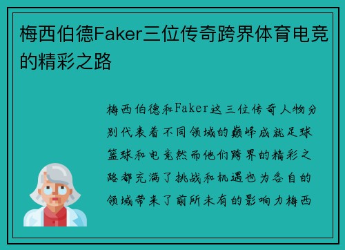 梅西伯德Faker三位传奇跨界体育电竞的精彩之路